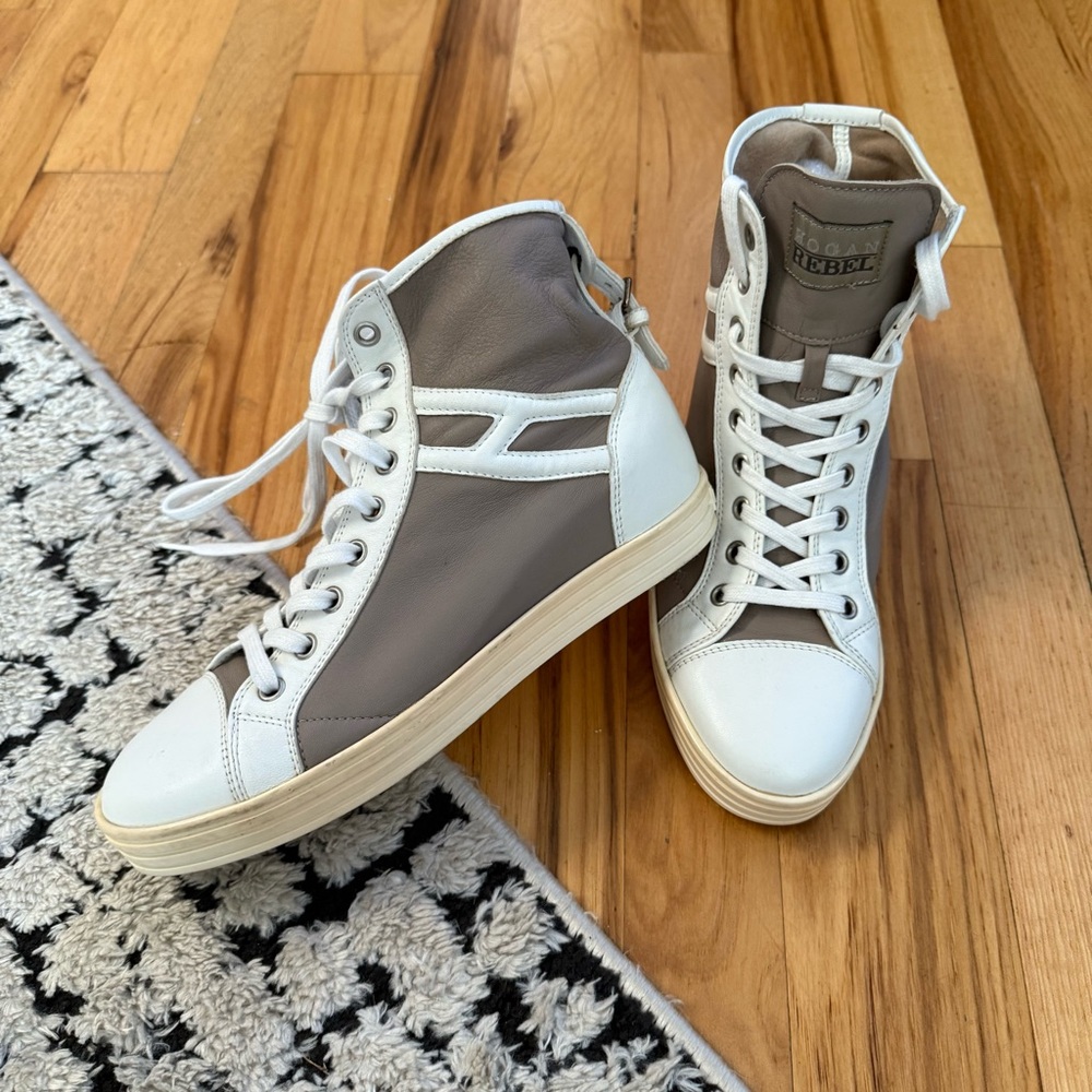 Hogan Rebel high tops greige grey beige super soft butter leather size 6.5